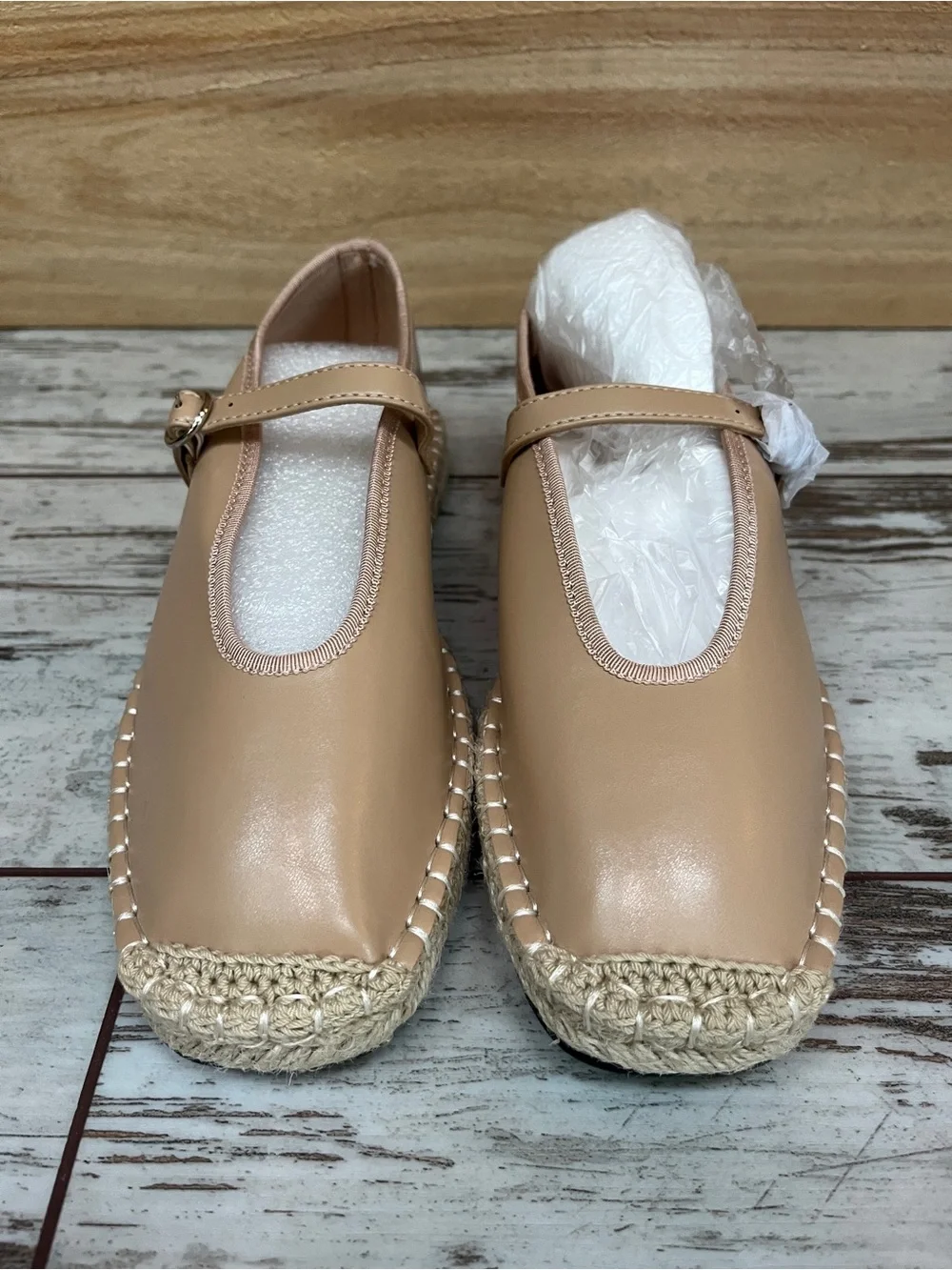 Coutgo Beige Tan Square Toe Mary Jane Espadrille Flats Ankle Strap Womens 7 NWOT